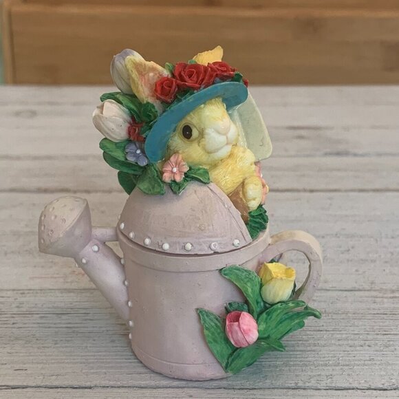 Vintage Bunny Rabbit Watering Can Lidded Trinket Box Tulips Roses Sun Bonnet Hat - Picture 2 of 16
